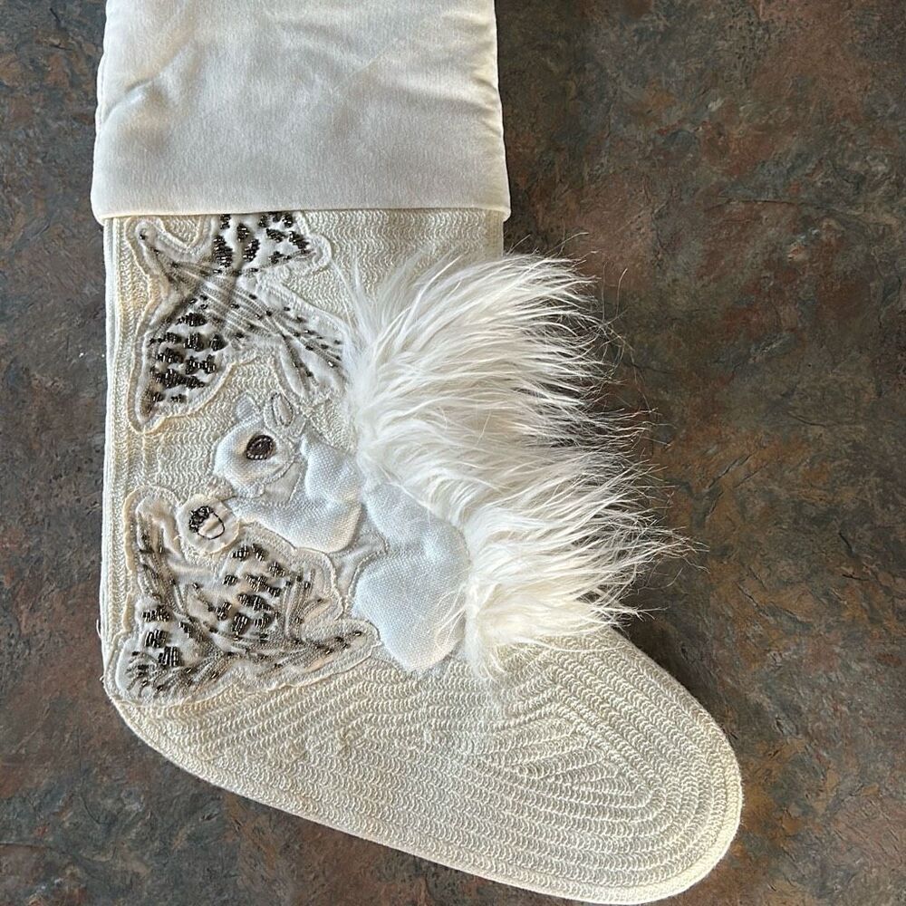 Pottery barn Woodland White Squirrel Christmas Stocking Sequins Faux Fur